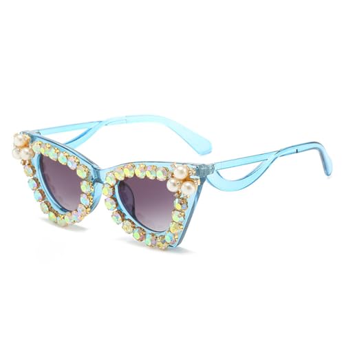 MUTYNE Vintage roze Cat Eye diamanten zonnebril voor dames Luxe diamanten zonnebril dames retro hiphop coole brillen, blauw grijs, één maat