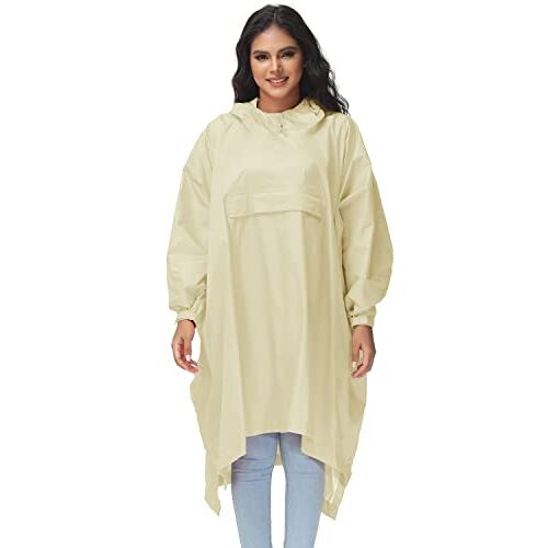 AXESQUIN Regenponcho voor dames, waterdicht, ademend, met reflectoren, regencape met capuchon, fietsponcho, geschikt voor fietsen, wandelen en kamperen, beige, One Size