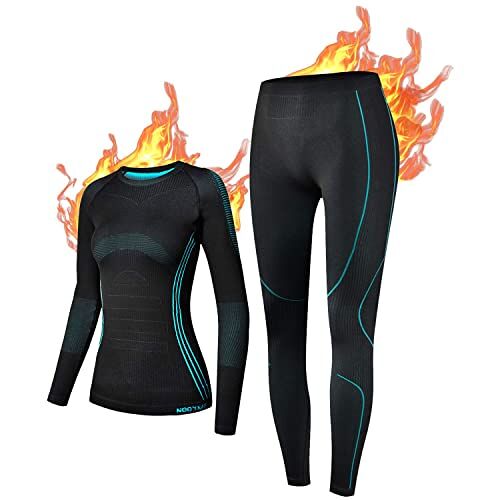 NOOYME Functioneel ondergoed voor dames, thermisch ondergoed voor dames, warm en ademend, functioneel ondergoed voor dames, lang skiondergoed, zwart-blauw, XL