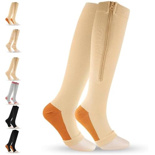 ZHENGSHUJS Baronactive Zip Compressiesokken, Open teen compressiesokken met rits vrouwen, teenloze compressiesokken, Skin-B, S/M