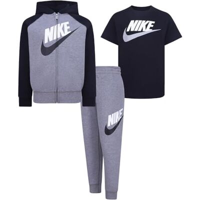 NIKE Set bestaande uit sweatshirt, T-shirt en broek, sweatshirt met capuchon en ritssluiting, T-shirt, halve mouwen, broek met elastische band, regular fit, zwart/grijs/wit GEH 1 NIKE Set bestaande uit sweatshirt, T-shirt en broek, sweatshirt met capuchon en ritssluiting, T-shirt, halve mouwen, broek met elastische band, regular fit, zwart/grijs/wit GEH 1