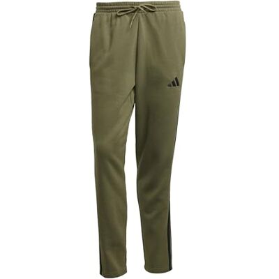 adidas heren Essentials Three Stripes Fleece Open Hem Pants, olive strata/black, M adidas heren Essentials Three Stripes Fleece Open Hem Pants, olive strata/black, M