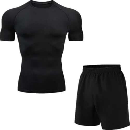 Dinint Fitnesspak voor heren, sport-T-shirt met korte mouwen, compressieset, compressieset, sportpak voor heren, zomer, gym, sneldrogend, fitnesspak, 2 stuks, Zwart, XL