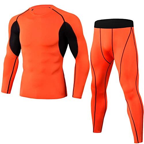 Geling 2 stuks functioneel shirt voor heren, compressieset voor heren, functioneel ondergoed, compressieshirt, leggings, sportkleding set, oranje, M