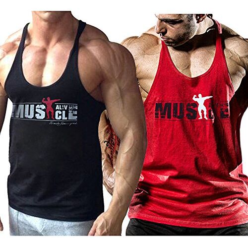 Alivebody Bodybuilding Tanktop voor heren, strap, fitness, stringer, okselshirts, zwart+rood, L