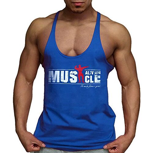 Alivebody Bodybuilding tanktop voor heren, strap, fitness stringer, okselshirts, blauw, L