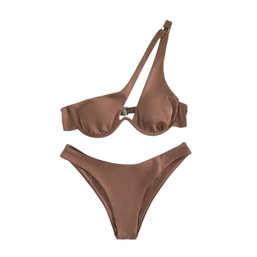 UIFLQXX Bikinisets voor dames, uitgesneden één schouder top met halfhoge taille, twee badpakken, bikiniset, Kaki, M