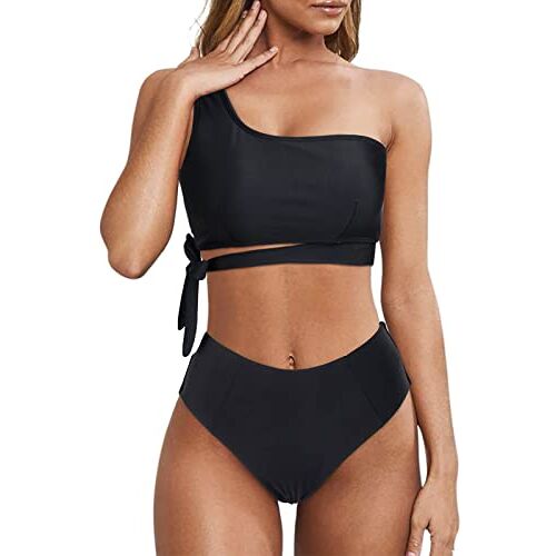 Wantonfy Bikiniset voor dames, hoge taille, één-schouder-bikiniset, badpak, 2-delig, Zwart, S