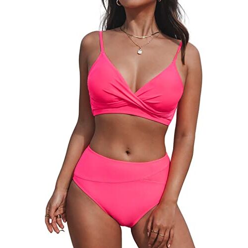 CUPSHE Vrouwen Twist Front Hoge Taille Bikini Set V-hals Gewatteerde Twee Stukken Badpakken Badpakken Badpakken, roze, XL