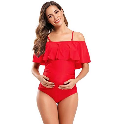 SHEKINI Dames Zwempak Uit één Stuk ruched Zwangerschaps Zwemkleding met Ruches Grote Maat Zwangerschaps Badpak Bikini Zwangerschap Beachwear（Rood,L）