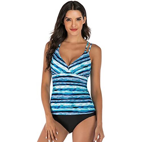 YNIQUE Tankini badpak voor dames, tweedelig badpak met patroon, badmode, set met V-hals, dubbele bandjes, lage taille, wedstrijd, sport, zwart badpak, 1 blauw en wit, XL