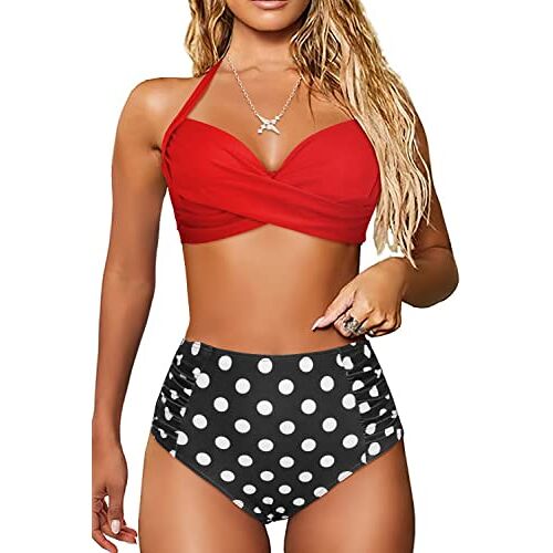 JFAN Bikinisets voor vrouwen V-hals badpakken voor vrouwen, 2-delig met push-up beha, bikiniset, strandkleding, Rood, XL