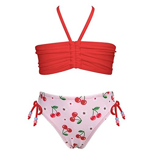 SHEKINI Halter Bikini Meisjes Bandeau Bikinitop Koord Meisjes Bikiniset Bedrukte Bikinibroekje Meisjes Zwempak 2 Stuk(6 jaar, Rood)