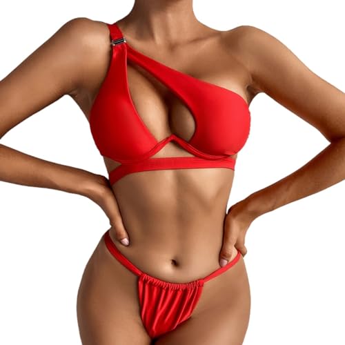 ZHONGZD Sexy gedeelde bikini met één schouder voor dames, Rood, S