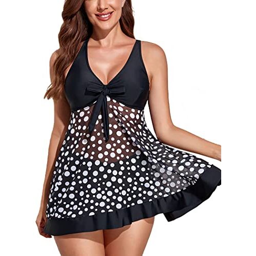 Donppa Tankini voor Vrouwen Zwemkleding Rok Jurken Tweedelig Zwemkleding Mesh Zwempak Badpak Top Met Boyshort Zwarte Stip XXL