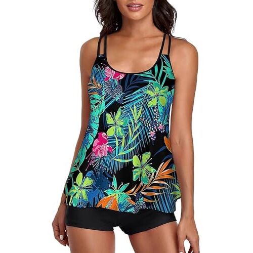 wihnsinop Tankini dames buikweg badmode set dames vrije tijd tankini badpak tweedelig tankini set zomer elegant badpak voor dames tankini bovendeel met zwemshorts, A groen, XXL