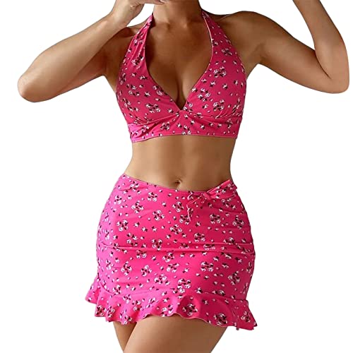 Generic Sportbadpakken voor dames met bloemenkant, bikini, badpakken, trendy brutale zwempakken, strandbadmode, 2024, zomer, zwempakken voor dames 2024, roze (hot pink), L