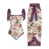 Luckywaqng Tweedelig badpak dames vintage kleurblok abstracte bloemenprint 1 stuk + 1 stuk bedekking tweedelig badpak met vintage print monokini bikini 2-delig, lila, XL