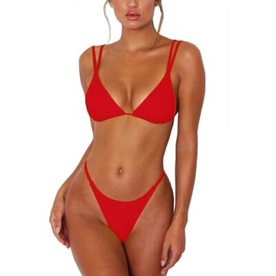 ForBeautyShe Sexy tanga voor dames, tweedelige bikini, dubbele schouderbanden, schattig zwempak, driehoek, baden, Rood, S ForBeautyShe Sexy tanga voor dames, tweedelige bikini, dubbele schouderbanden, schattig zwempak, driehoek, baden, Rood, S