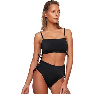 Trendyol Damesbikini met knoopsluiting, gedetailleerde hoge taille, zes bikinibroekjes, zwart, maat 38 Trendyol Damesbikini met knoopsluiting, gedetailleerde hoge taille, zes bikinibroekjes, zwart, maat 38