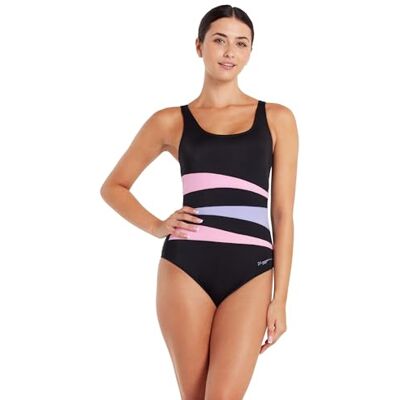 Zoggs Sumatra verstelbare Scoopback badmode voor dames met buikcontrole, Zwart/Roze/Lila, 38 Zoggs Sumatra verstelbare Scoopback badmode voor dames met buikcontrole, Zwart/Roze/Lila, 38