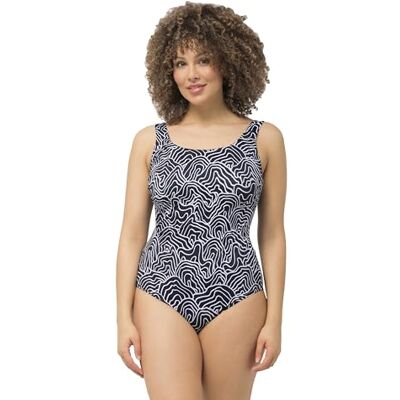 Ulla Popken , Dames grote maten, badpak Alice, Softline, Lines, zwart, 54-56 Ulla Popken , Dames grote maten, badpak Alice, Softline, Lines, zwart, 54-56