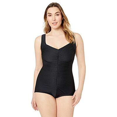 Maxine Of Hollywood womens Plus-size Shirred Front Girl Leg One Piece Swimsuit, Black Textured Spa Solid, 16 Plus Maxine Of Hollywood womens Plus-size Shirred Front Girl Leg One Piece Swimsuit, Black Textured Spa Solid, 16 Plus