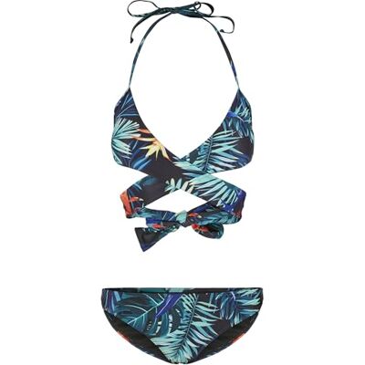 Urban Classics Dames bikini met all-over print dames draped patroon bikiniset, tweedelig badpak met wikkeltop in 3 kleurvarianten, maten XS XL, Vriesea Zwart, M Urban Classics Dames bikini met all-over print dames draped patroon bikiniset, tweedelig badpak met wikkeltop in 3 kleurvarianten, maten XS XL, Vriesea Zwart, M