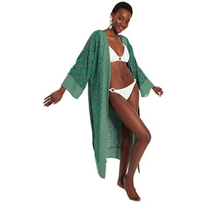 Trendyol Strandkleding voor dames Relaxed Basic V-hals geweven kimono's en kaftans, Groen, M Trendyol Strandkleding voor dames Relaxed Basic V-hals geweven kimono's en kaftans, Groen, M