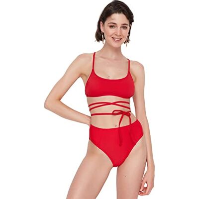 Trendyol Damesbikini met knoopsluiting, gedetailleerde hoge taille, zes bikinibroekjes, rood, maat 36 Trendyol Damesbikini met knoopsluiting, gedetailleerde hoge taille, zes bikinibroekjes, rood, maat 36