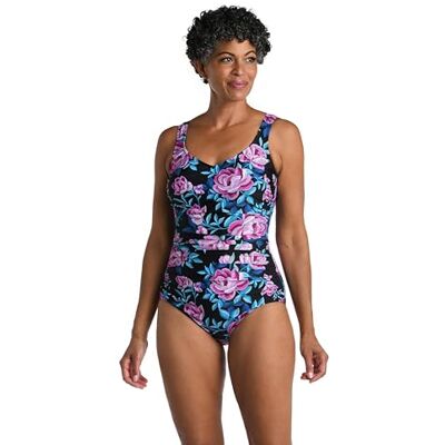 Maxine Of Hollywood Women's Standard Over The Shoulder Shirred One Piece Swimsuit, Black//Midnight Orchid, 6 Maxine Of Hollywood Women's Standard Over The Shoulder Shirred One Piece Swimsuit, Black//Midnight Orchid, 6
