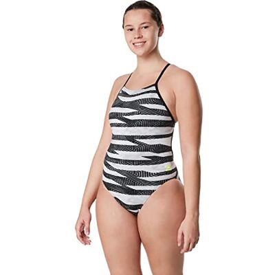 Speedo Swimsuit One Piece Endurance + Cross Back Printed Adult Team Colors Badpak voor dames, Contort zwart/wit, 28 Speedo Swimsuit One Piece Endurance + Cross Back Printed Adult Team Colors Badpak voor dames, Contort zwart/wit, 28