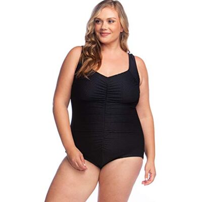 Maxine Of Hollywood womens Plus-size Shirred Front Girl Leg One Piece Swimsuit, Black Textured Spa Solid, 22 Plus Maxine Of Hollywood womens Plus-size Shirred Front Girl Leg One Piece Swimsuit, Black Textured Spa Solid, 22 Plus