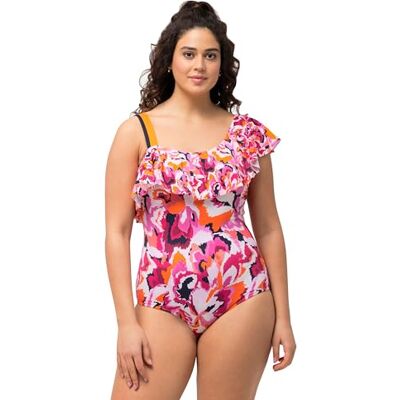 Ulla Popken Badpak Fabienne, One-shoulder, Volant, Batik Journey 827705 dames Zwempak uit één stuk Ulla Popken Badpak Fabienne, One-shoulder, Volant, Batik Journey 827705 dames Zwempak uit één stuk