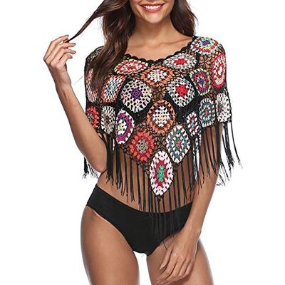 xxxiticat Dames borduurwerk print Hollow Out Bikini Blouse Cloak Poncho Cape Fringe Hem Crochet Floral Beach Cover Up Tops, zwart, One size xxxiticat Dames borduurwerk print Hollow Out Bikini Blouse Cloak Poncho Cape Fringe Hem Crochet Floral Beach Cover Up Tops, zwart, One size