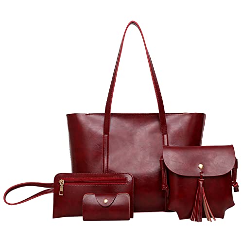 Generisch Dames schoudertas handtas casual dames handtas 4-delige set schoudertas handtas tote houder shopper portemonnee tassen handtassen en portemonnees set schoudertas PU, rood, Eén Maat