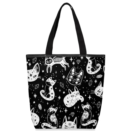 Tavisto Witte Schotse Terriër Hond Canvas Tote Bag voor Vrouwen Esthetische Schouder Boodschappen Boodschappentas met Ritsen, Heksenkat, 19.5x17.9 inch