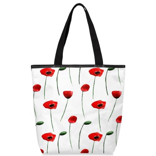 Tavisto Witte Schotse Terriër Hond Canvas Tote Bag voor Vrouwen Esthetische Schouder Boodschappen Boodschappentas met Ritsen, Papaver Bloemen, 19.5x17.9 inch