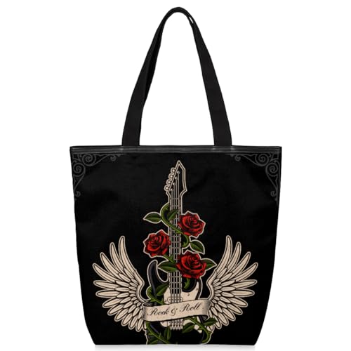 TropicalLife Roses Wings Gitaar Handtas Groot voor Dames Vrouwen Schoudertas Rits Shopper, Gitaar Organisator Tassen voor Vrouwen Meisjes Top Handvat Tassen, Kleur