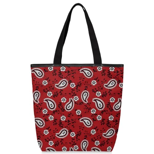 Tavisto Witte Schotse Terriër Hond Canvas Tote Bag voor Vrouwen Esthetische Schouder Boodschappen Boodschappentas met Ritsen, Wit Water Druppelt Paisley, 19.5x17.9 inch