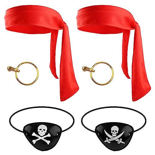 SAVITA 6st Piraten Feestartikelen, Inclusief 2st Rode Piraten Bandana & 2st Piraten Ooglapjes & 2st Gouden Oorbellen, Piraten Accessoires Set voor Cosplayfeest