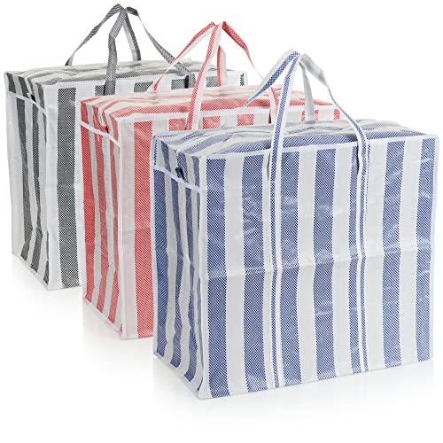 com-four ® 3x boodschappentas Jumbo plastic tassen gestreept XL boodschappentassen strandtassen voor badspullen boodschappentas voor boodschappen (rood/blauw/antraciet)