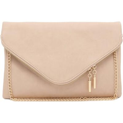 FashionPuzzle Grote envelop Clutch Bag met ketting riem (oversized), Naakt, One Size FashionPuzzle Grote envelop Clutch Bag met ketting riem (oversized), Naakt, One Size