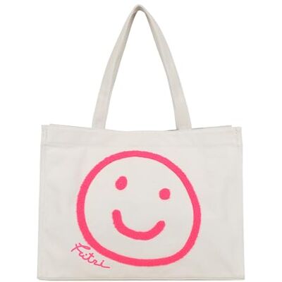 Fritzi aus Preussen Fritzi Easy01 Limited Smile Sand Shopper damestas canvas katoenmix vegan shopper handtas met smiley design ruime tas voor werk winkelen reizen stad festival 34 x 46,5 x 23 cm, Beige Fritzi aus Preussen Fritzi Easy01 Limited Smile Sand Shopper damestas canvas katoenmix vegan shopper handtas met smiley design ruime tas voor werk winkelen reizen stad festival 34 x 46,5 x 23 cm, Beige
