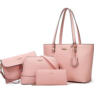 Lovematch Vrouwen Mode Synthetische Lederen Handtassen Tote Bag Schoudertas Top Handvat Satchel Purse Set 4 stks, roze, Large Lovematch Vrouwen Mode Synthetische Lederen Handtassen Tote Bag Schoudertas Top Handvat Satchel Purse Set 4 stks, roze, Large