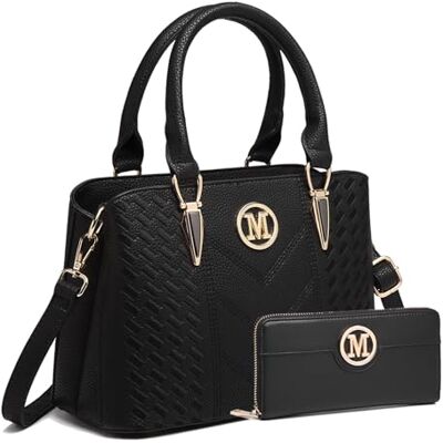 Miss Lulu Handtas dames hengseltas handtas dames middelgroot, lychee patroon tas, elegante schoudertas, 2-1 zwart met portemonnee Miss Lulu Handtas dames hengseltas handtas dames middelgroot, lychee patroon tas, elegante schoudertas, 2-1 zwart met portemonnee