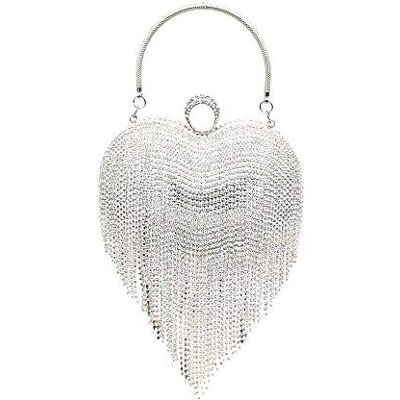 UMREN Vrouwen Luxe Hart Vorm Kwastje Avond Clutch Bag Steentjes Bruiloft Party Purse Handtas, ZILVER, One Size, Hedendaags UMREN Vrouwen Luxe Hart Vorm Kwastje Avond Clutch Bag Steentjes Bruiloft Party Purse Handtas, ZILVER, One Size, Hedendaags