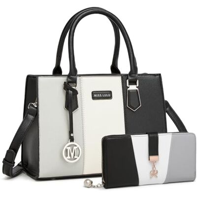 Miss Lulu Dameshandtas, schoudertas, driekleurig, van PU-materiaal, multifunctioneel, voor werk, reizen, uitstapjes, Grijze en zwarte portemonnee Miss Lulu Dameshandtas, schoudertas, driekleurig, van PU-materiaal, multifunctioneel, voor werk, reizen, uitstapjes, Grijze en zwarte portemonnee