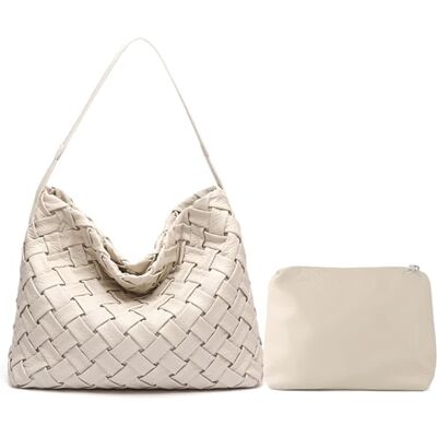 JINMANXUE , Boston Bag van geweven veganistisch leer, dameshandtas, schoudertas, modieuze hobo-tas, B-Rice White JINMANXUE , Boston Bag van geweven veganistisch leer, dameshandtas, schoudertas, modieuze hobo-tas, B-Rice White