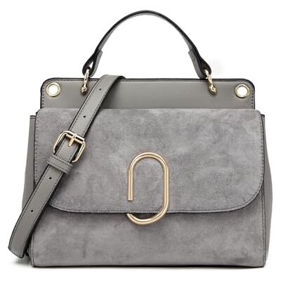 Miss Lulu Schoudertas voor dames, middelgrote tas met handvat aan de bovenkant van kunstleer en suède, vintage handtas, crossbody-tas met ovale metalen decoratie, elegant en voortreffelijk, Grijs Miss Lulu Schoudertas voor dames, middelgrote tas met handvat aan de bovenkant van kunstleer en suède, vintage handtas, crossbody-tas met ovale metalen decoratie, elegant en voortreffelijk, Grijs